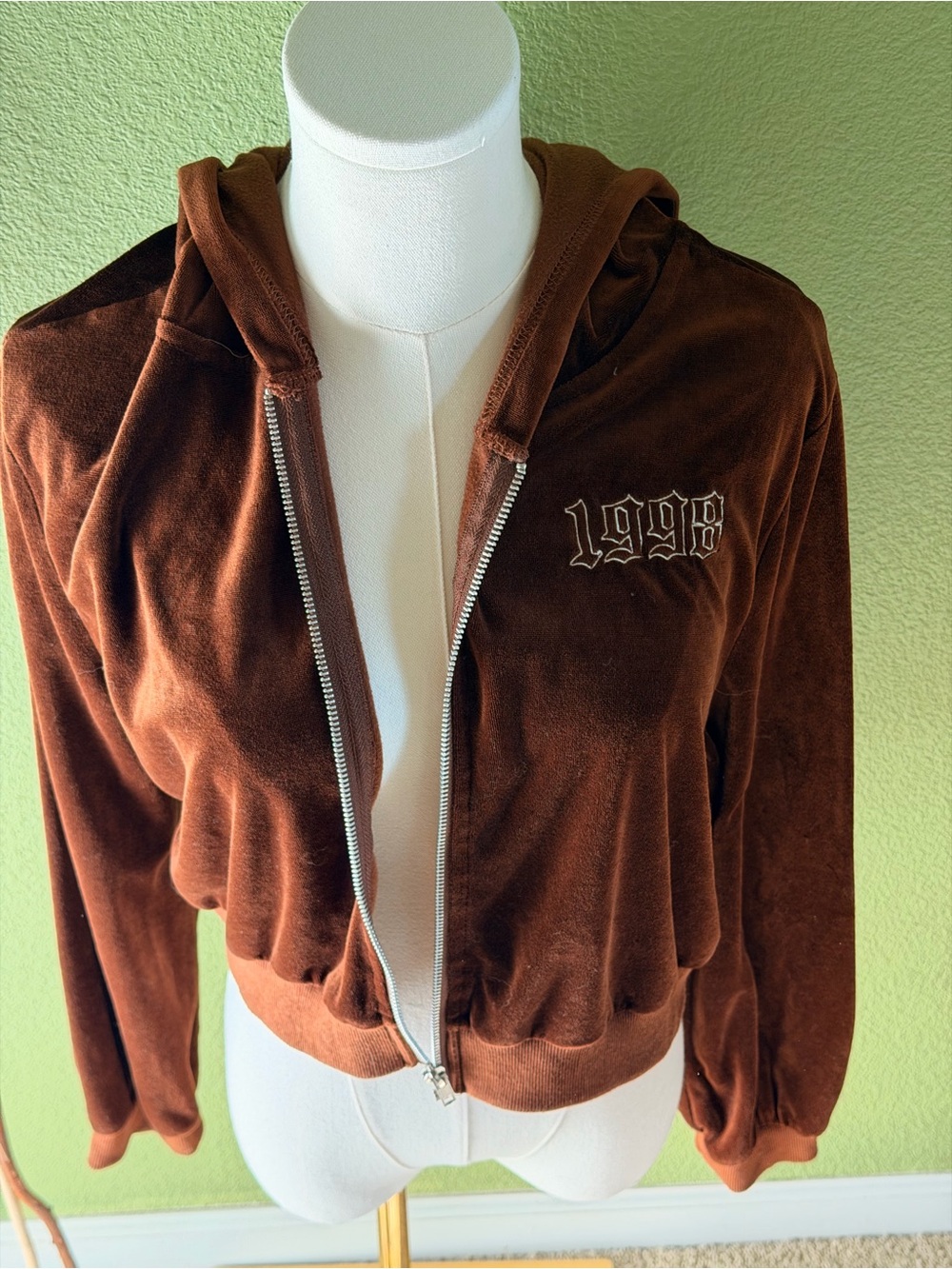 J for Justify Brown Velour Cropped Zip-Up Hoodie Jacket